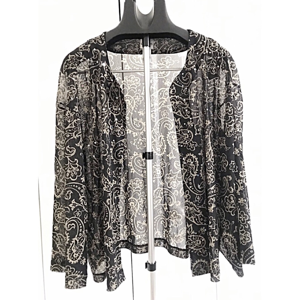 CHICO’S Sz 3 Black Beige Sequined Open Front  Top